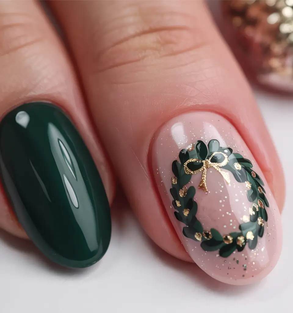 Simple Christmas Nails 2025 Golden Wreath Grace