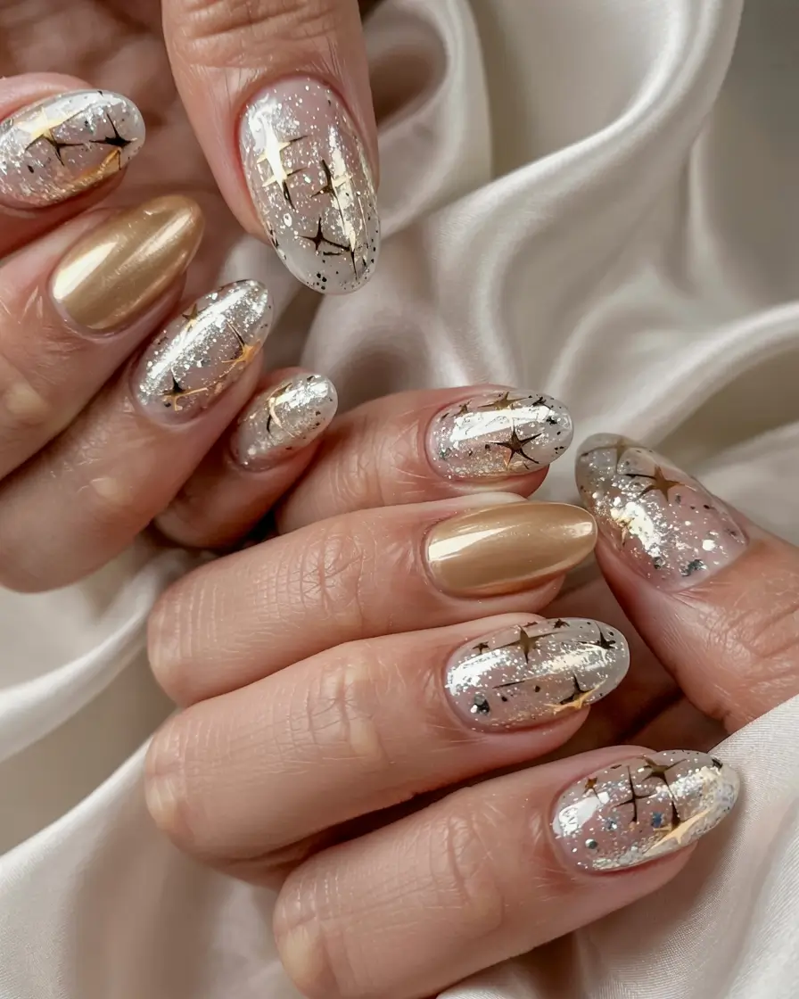 Simple Christmas Nails 2025 Golden Starburst Glam
