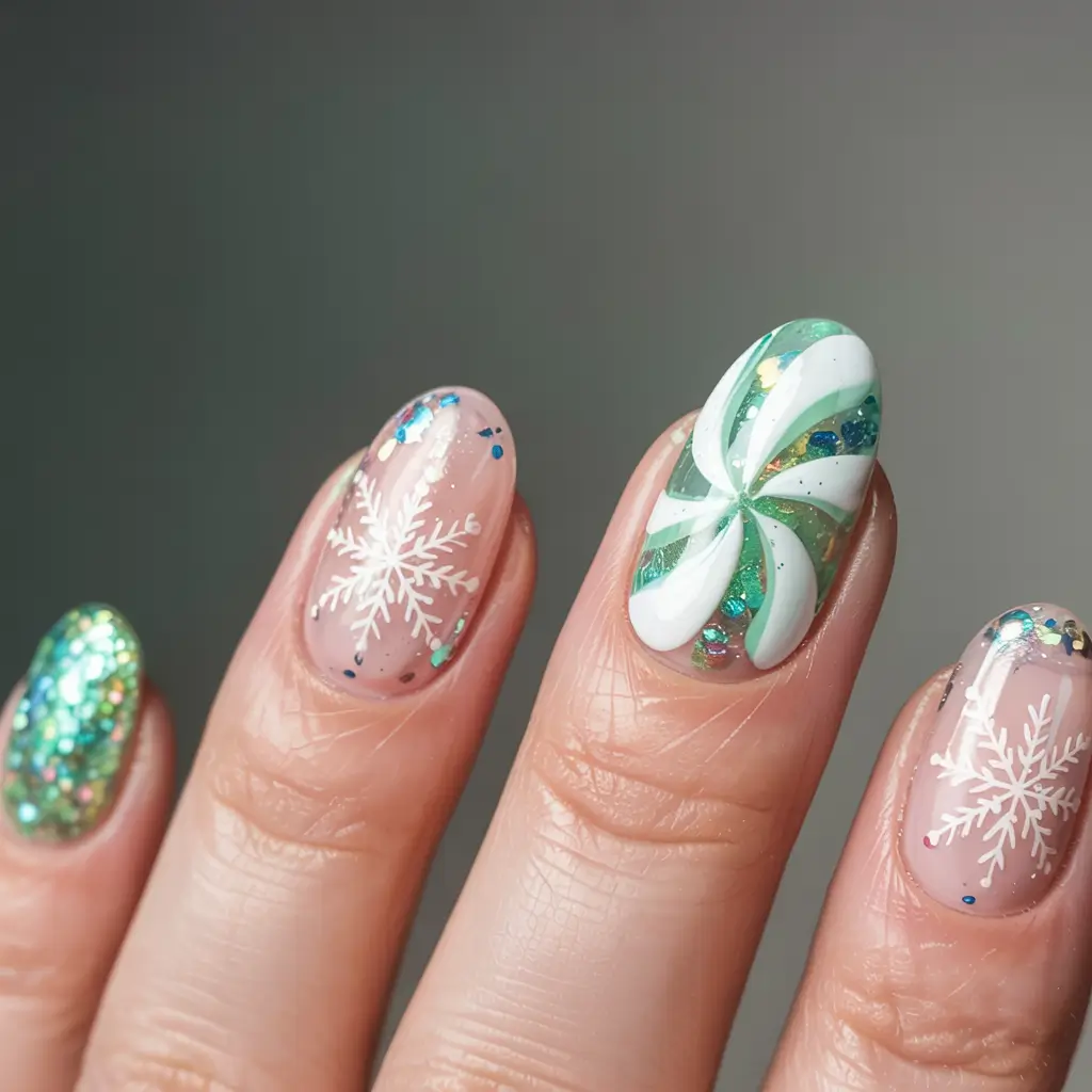 Simple Christmas Nails 2025 Minty Snowflake Sparkle