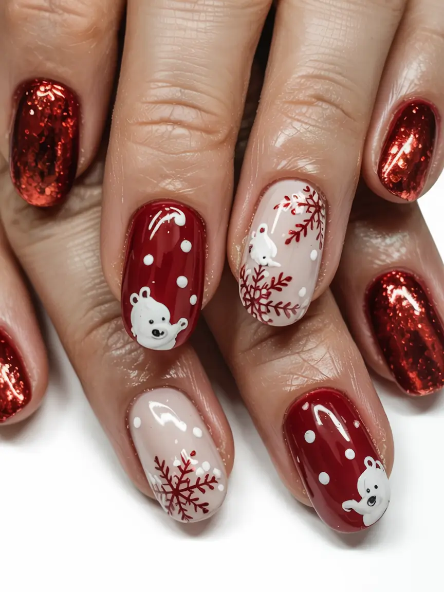 Simple Christmas Nails 2025 Polar Bear Cheer