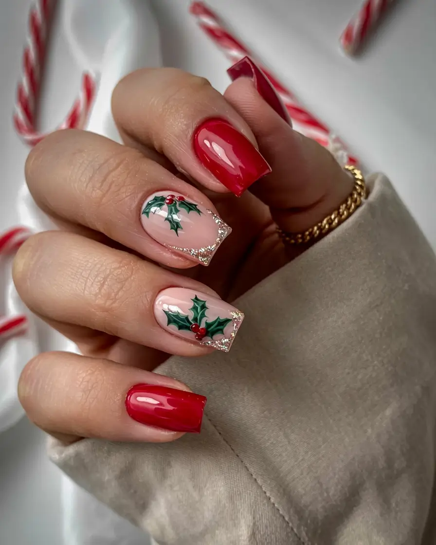 Simple Christmas Nails 2025 Holly Berry Glow
