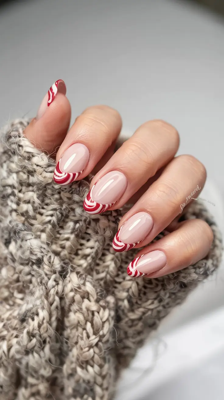 Simple Christmas Nails 2025 Peppermint Swirl Delight