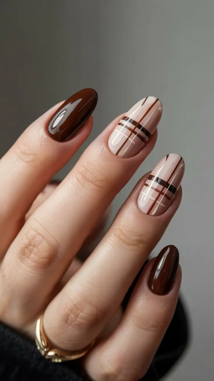 Simple Christmas Nails 2025 Chocolate Plaid Perfection