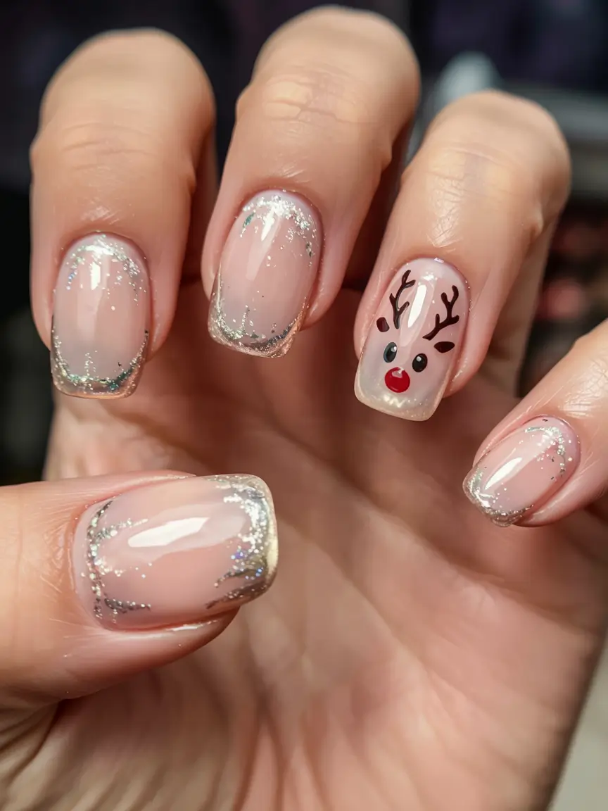 Simple Christmas Nails 2025 Frosted Reindeer Glow