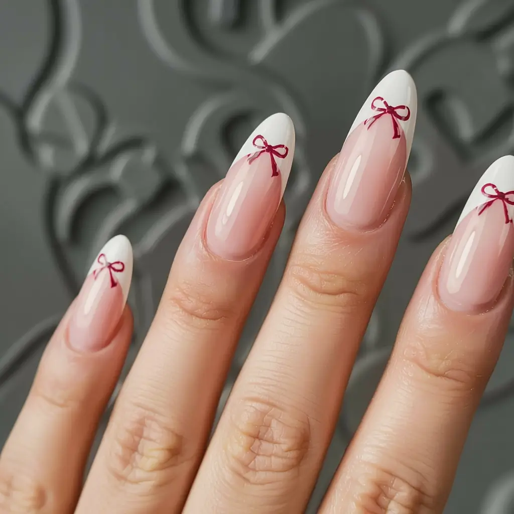 Simple Christmas Nails 2025 White Ribbon Tips