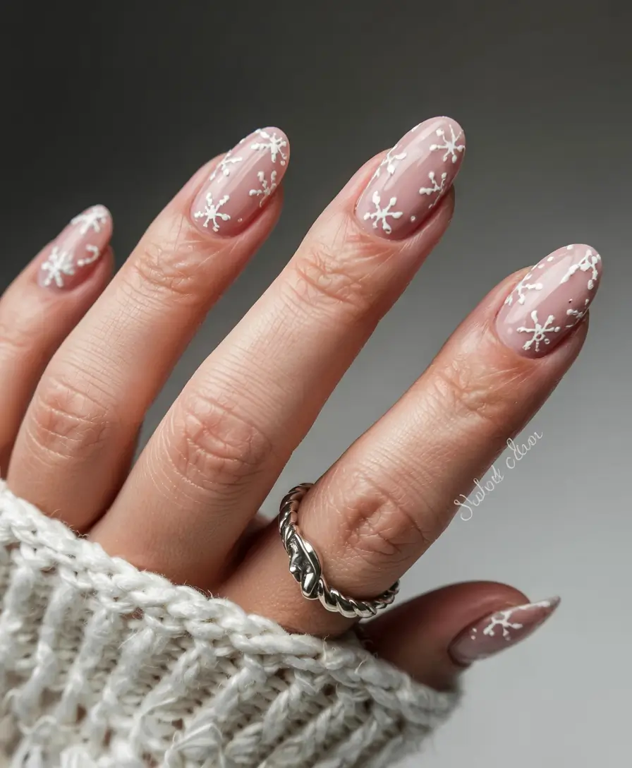 Simple Christmas Nails 2025 Falling Snowflakes