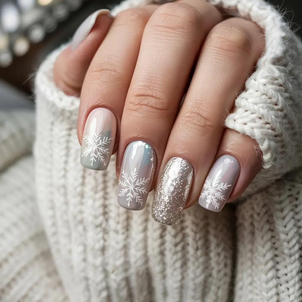 snowflake winter nails ideas 2025 2026 Soft Snowfall Glam