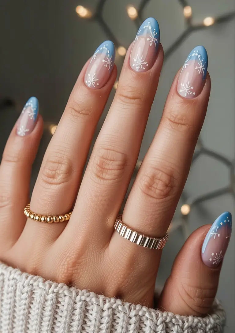 snowflake winter nails ideas 2025 2026 Powder Blue French Frost