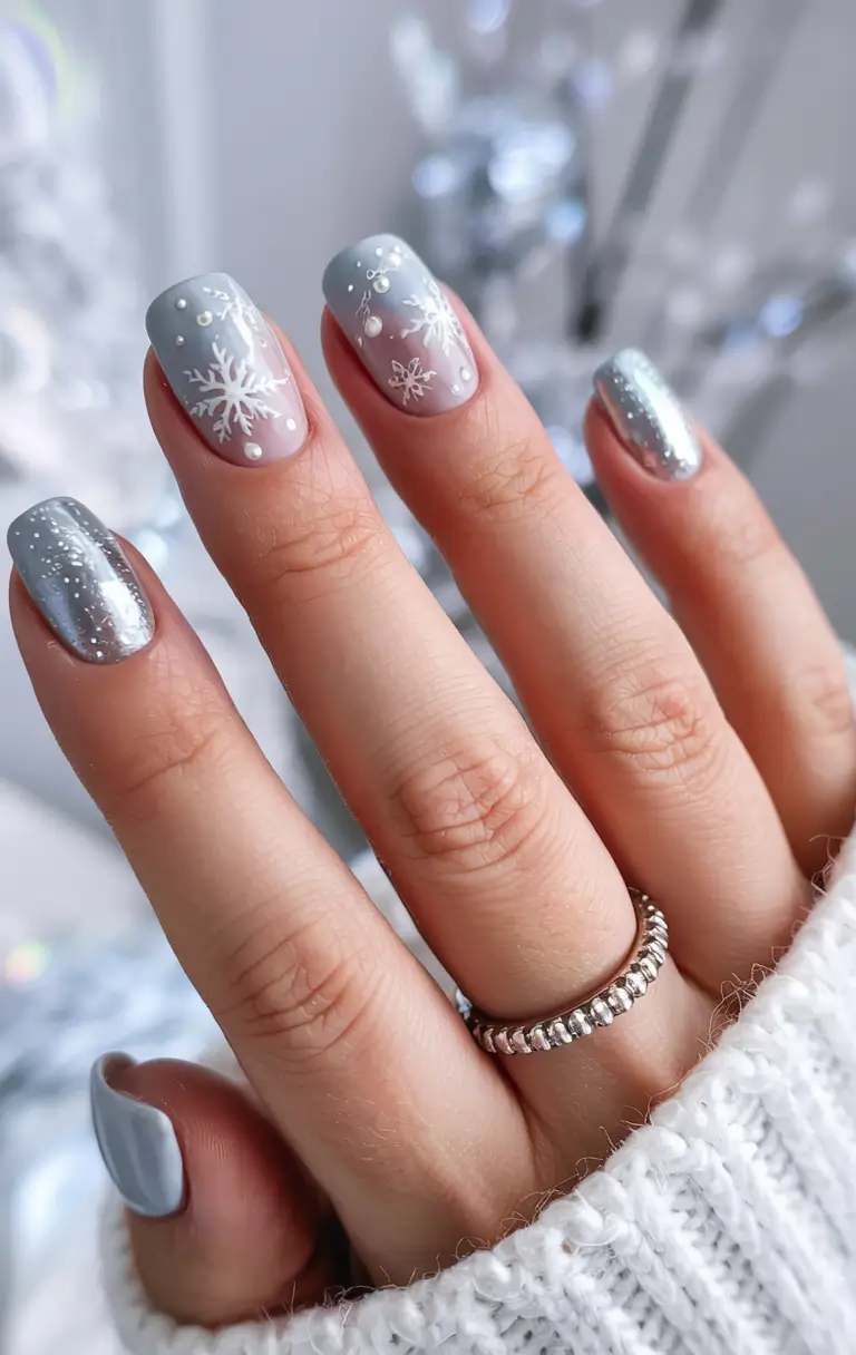 snowflake winter nails ideas 2025 2026 Metallic Snow Veil