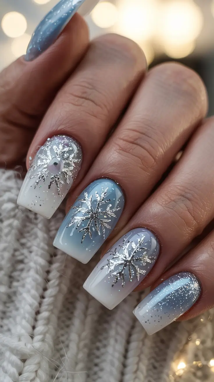 snowflake winter nails ideas 2025 2026 Frozen Silver Glam