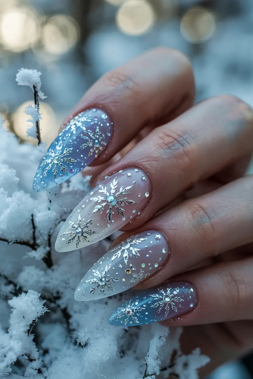 snowflake winter nails ideas 2025 2026 Crystal Blue Nights