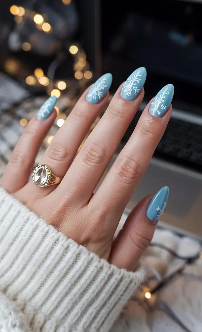 snowflake winter nails ideas 2025 2026 Twinkling Nordic Blue