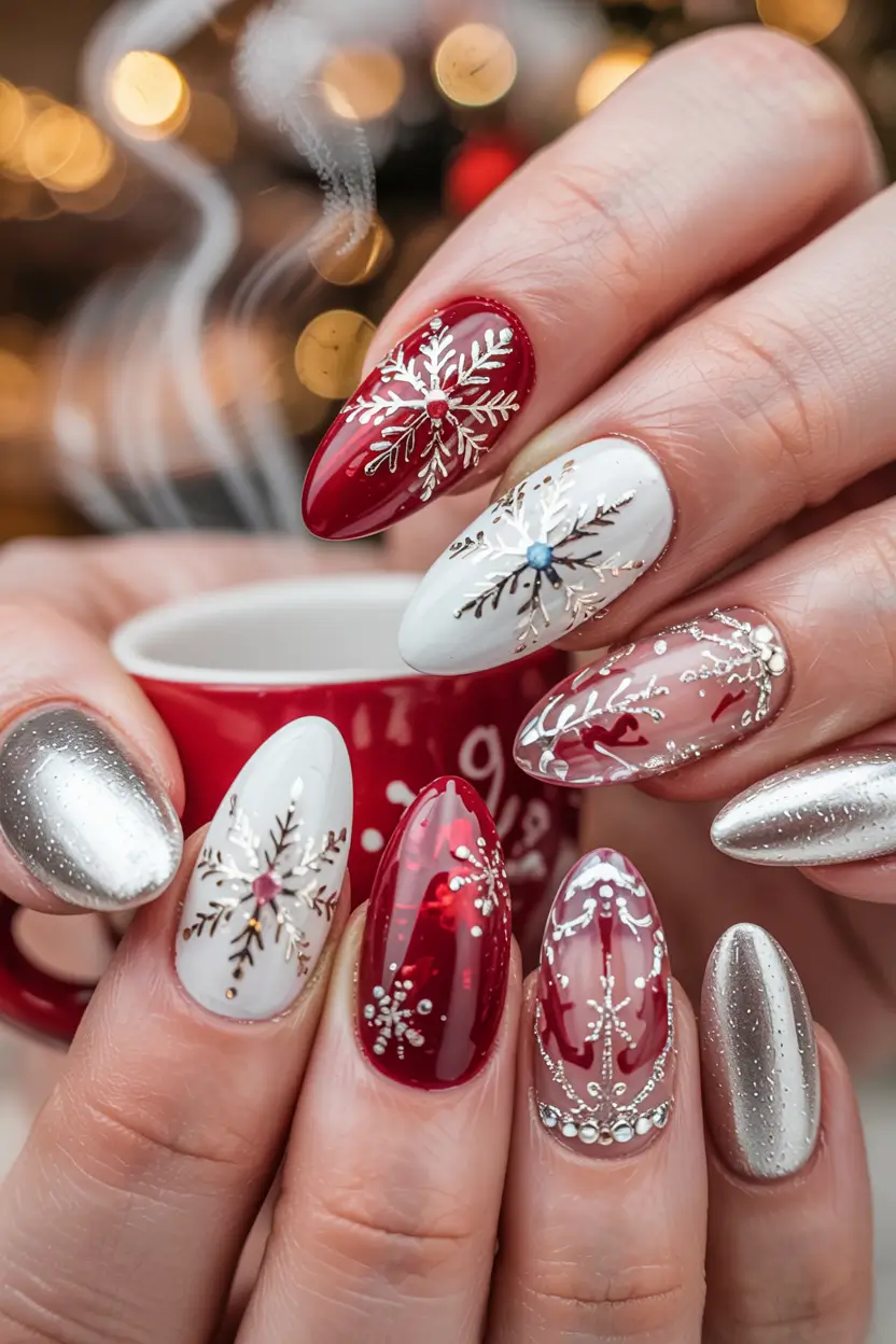 snowflake winter nails ideas 2025 2026 Crimson Snow Royalty