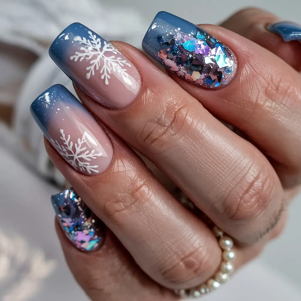 snowflake winter nails ideas 2025 2026 Midnight Aurora Crystals