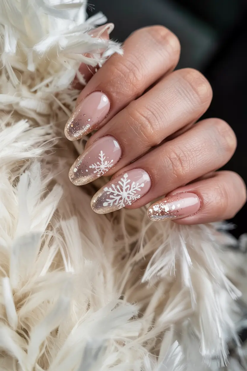 snowflake winter nails ideas 2025 2026 Champagne Frost Glow