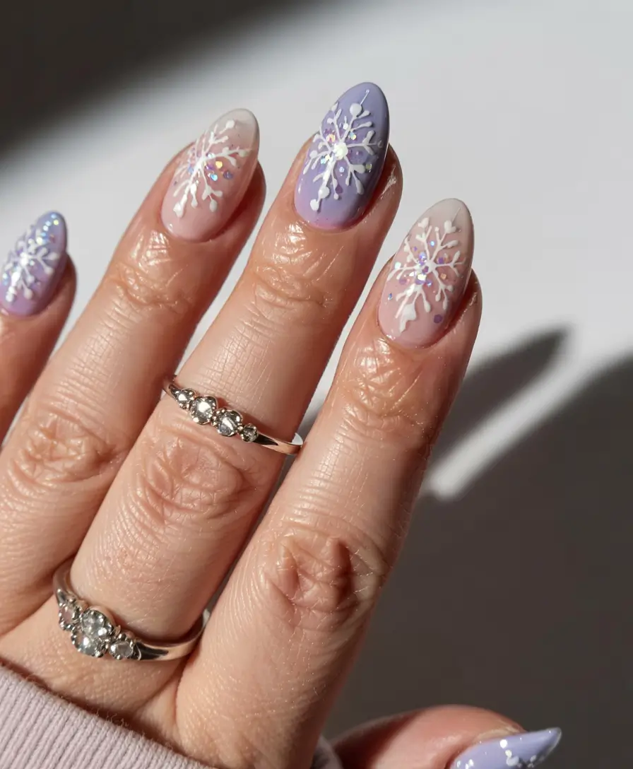 snowflake winter nails ideas 2025 2026 Lavender Frosted Dreams