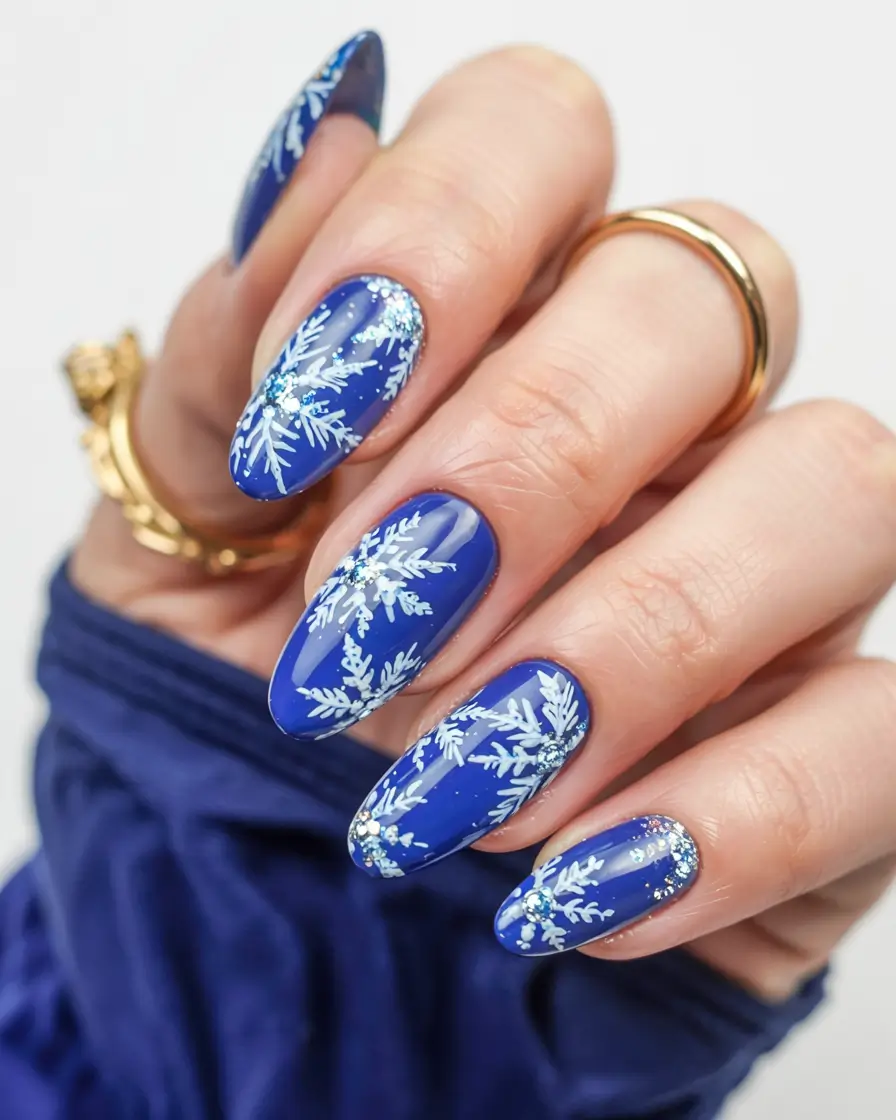 snowflake winter nails ideas 2025 2026 Royal Blue Blizzard