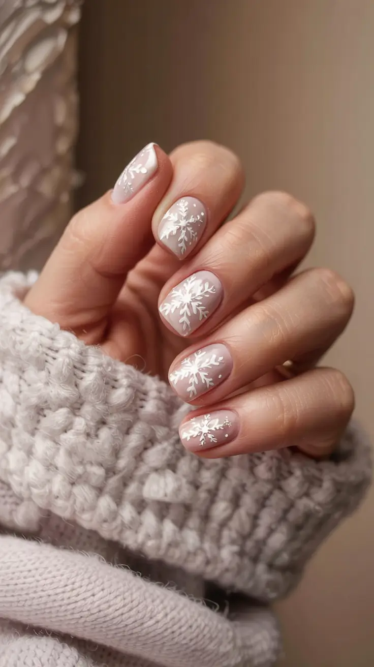 snowflake winter nails ideas 2025 2026 Cozy Neutrals with Snow Dust