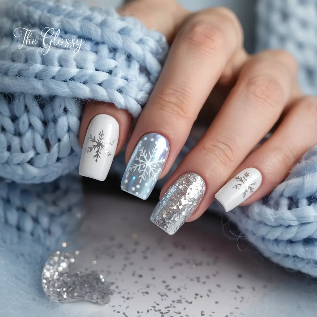 snowflake winter nails ideas 2025 2026 Silver Moon Snowflakes