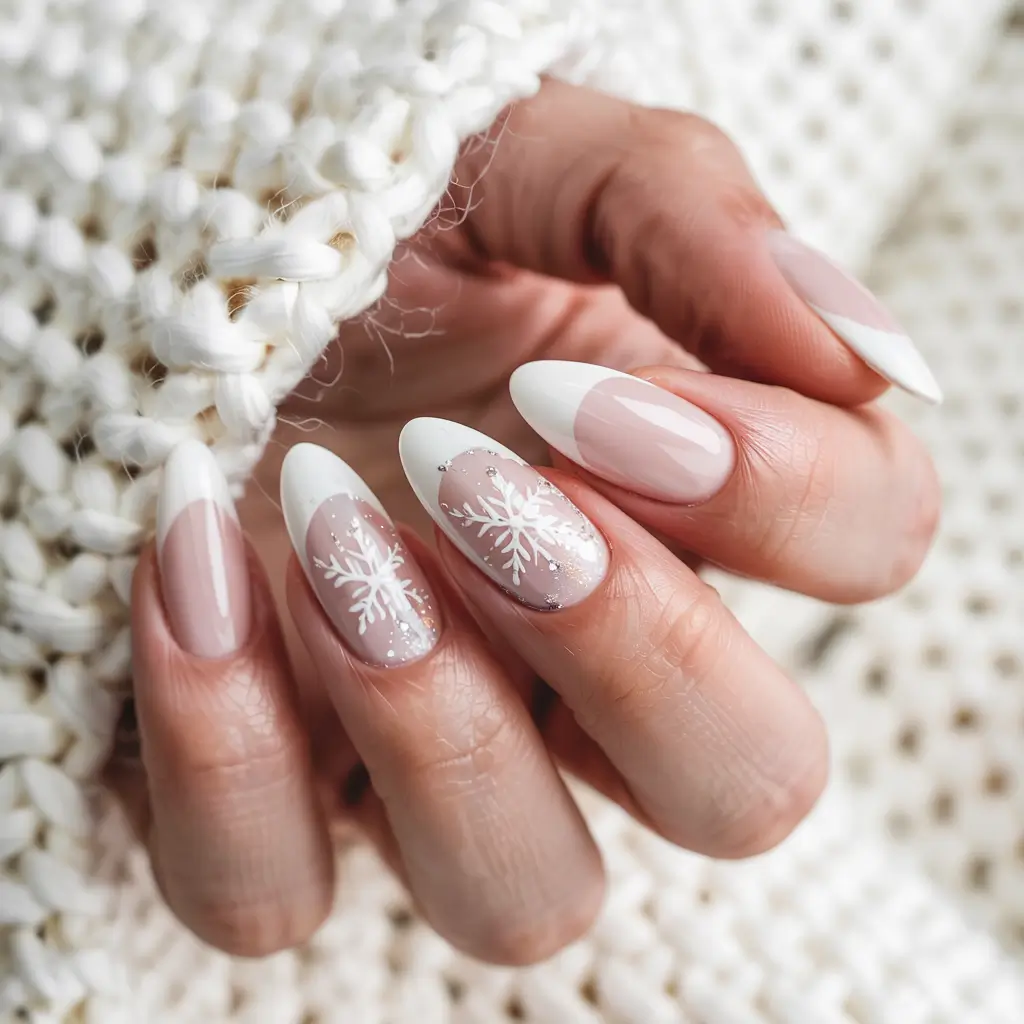 snowflake winter nails ideas 2025 2026 French Frost Spark