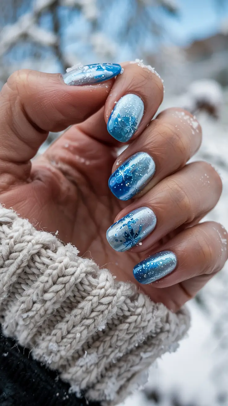 snowflake winter nails ideas 2025 2026 Frosted Gradient Blues