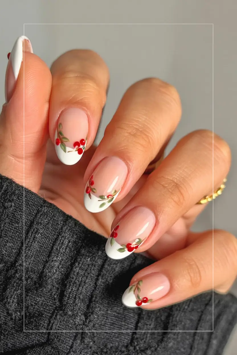 Stylish Christmas French Nails 2025 Berry Branch French
