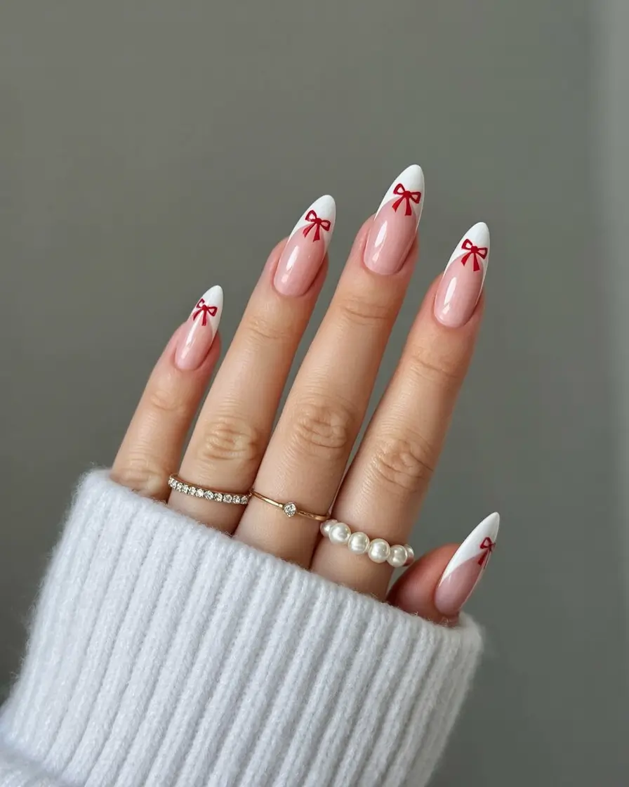 Stylish Christmas French Nails 2025 White Tips with Scarlet Bows