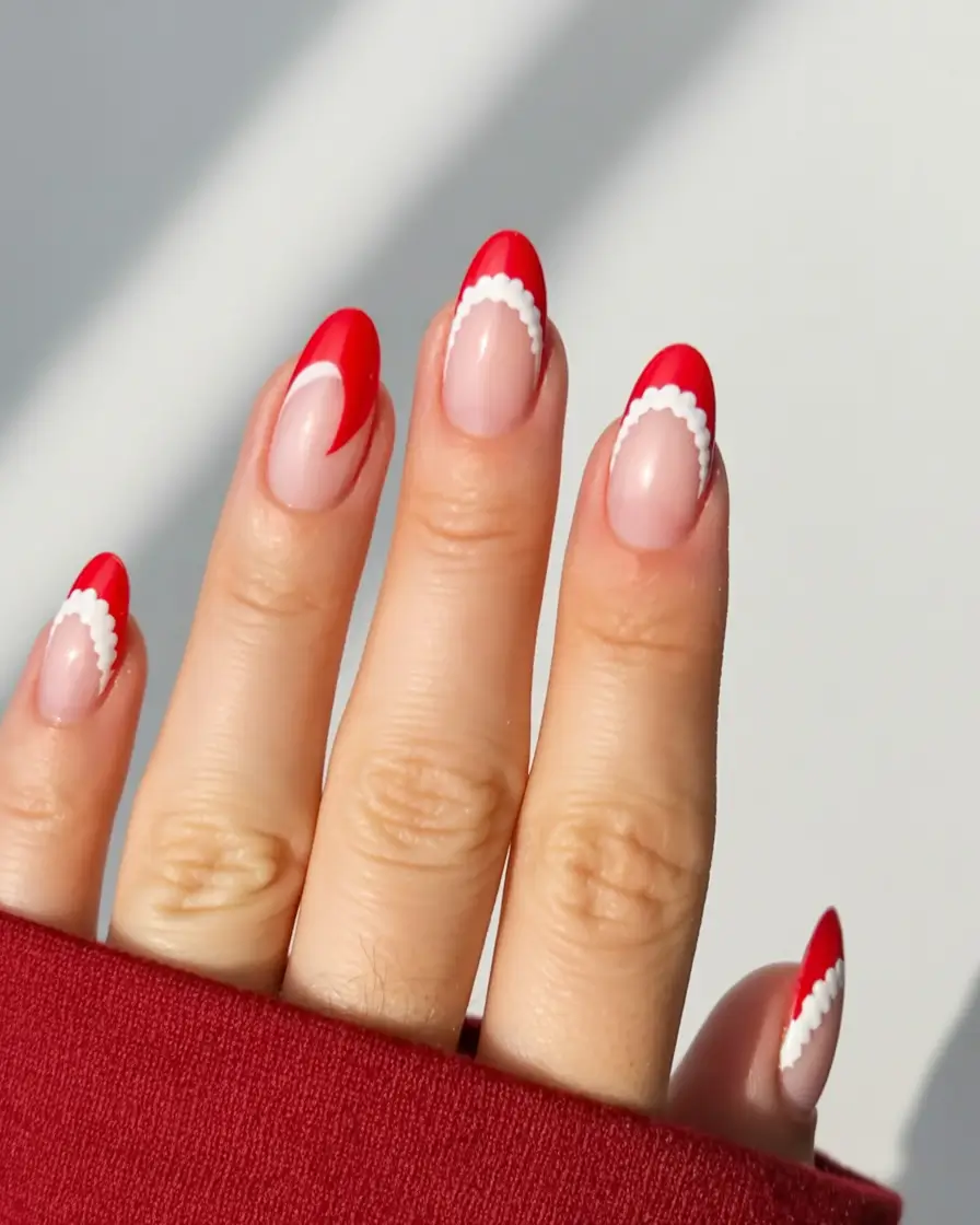 Stylish Christmas French Nails 2025 Santa Chic Red Velvet French