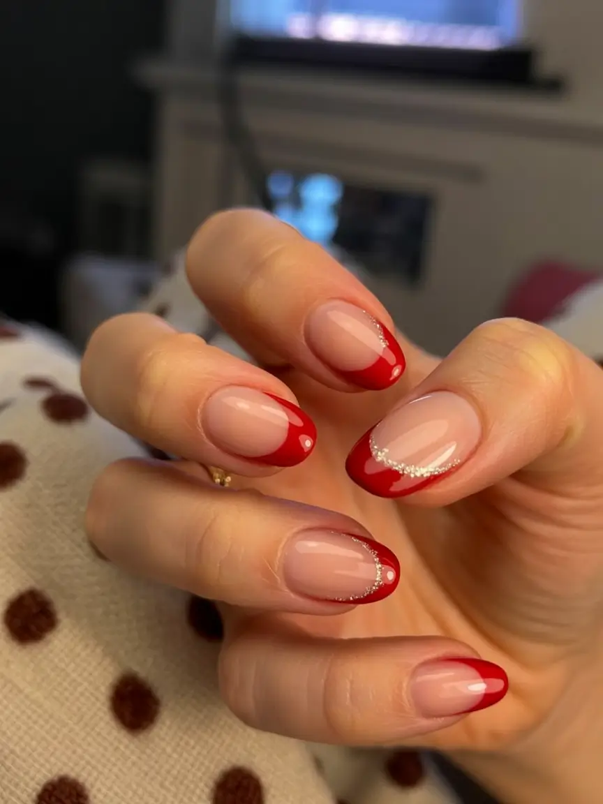 Stylish Christmas French Nails 2025 Crimson Frost Tips