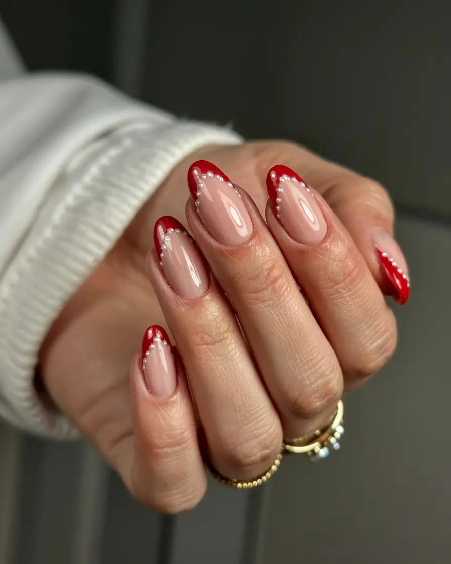 Stylish Christmas French Nails 2025 Red Frost French with Pearl Drops