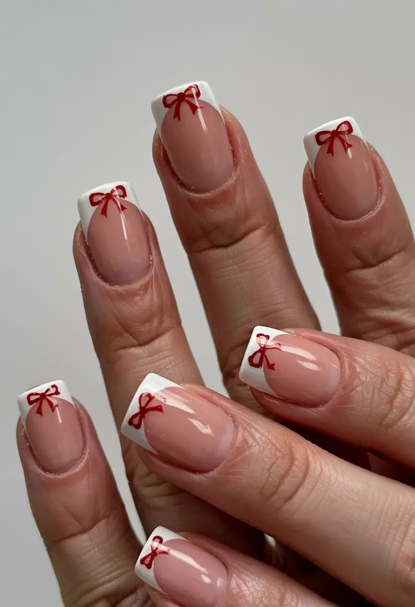 Stylish Christmas French Nails 2025 Classic Bow-Tipped French