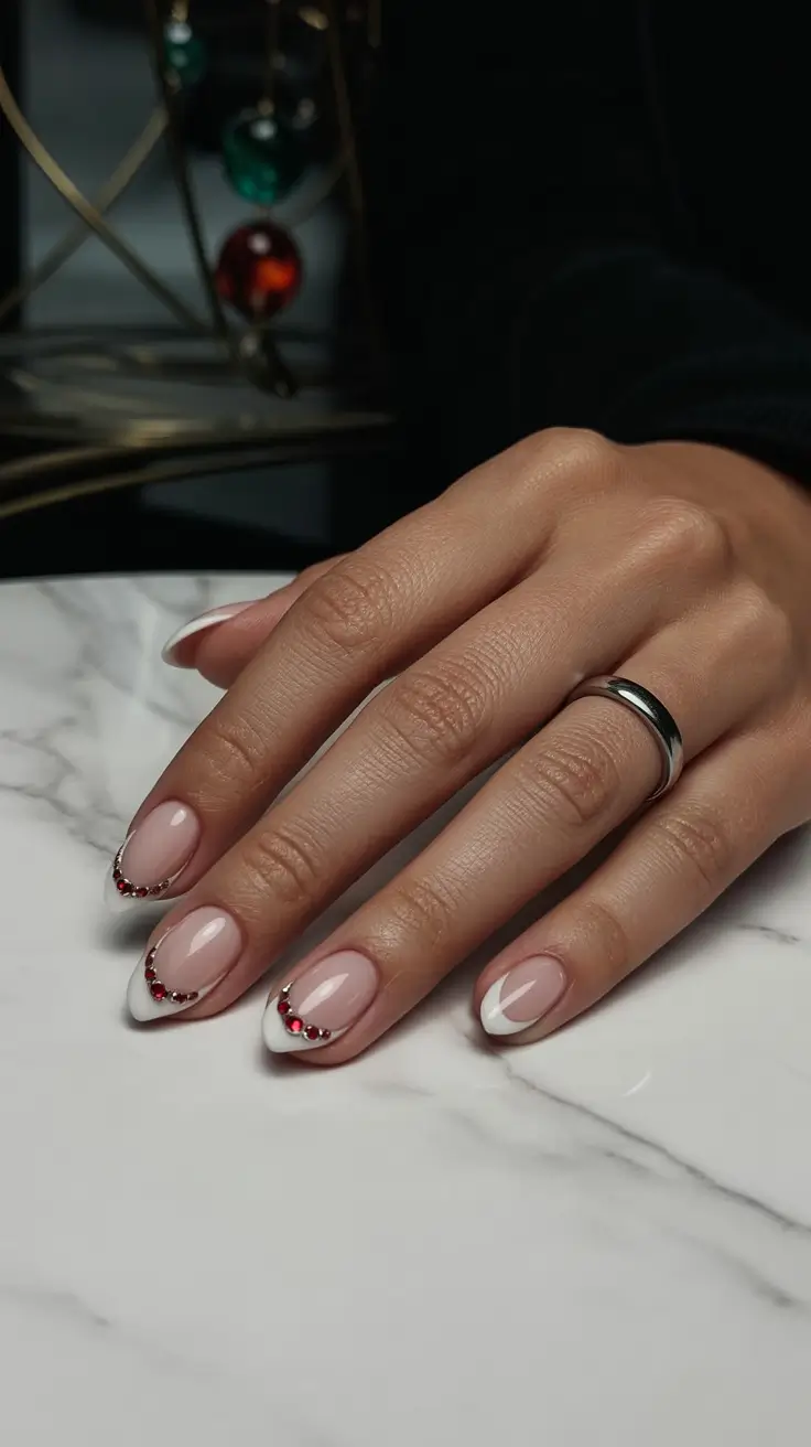Stylish Christmas French Nails 2025 White French with a Ruby Twist