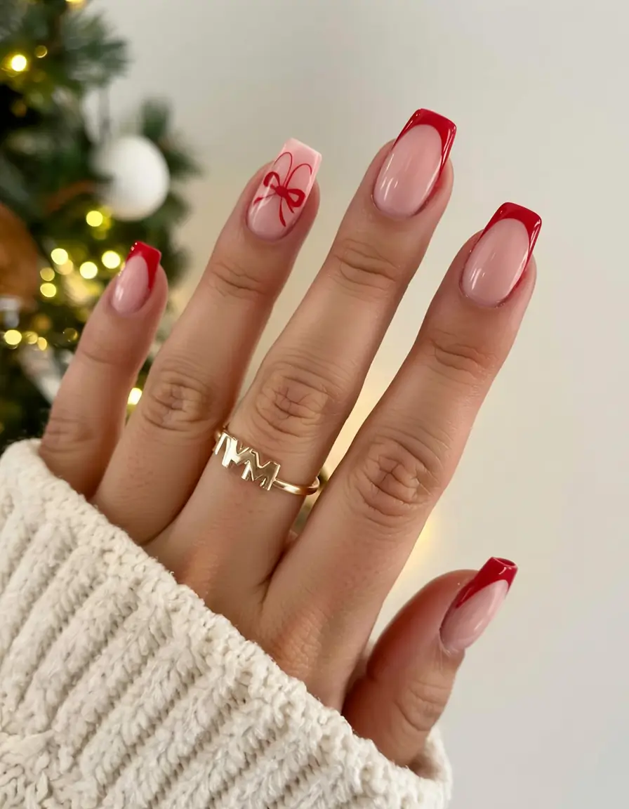 Stylish Christmas French Nails 2025 Red Gift Box Charm