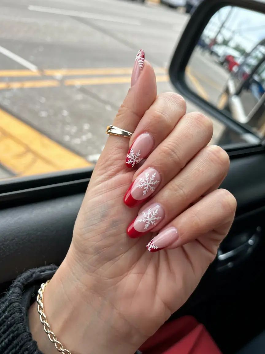 Stylish Christmas French Nails 2025 Snowflake Kiss