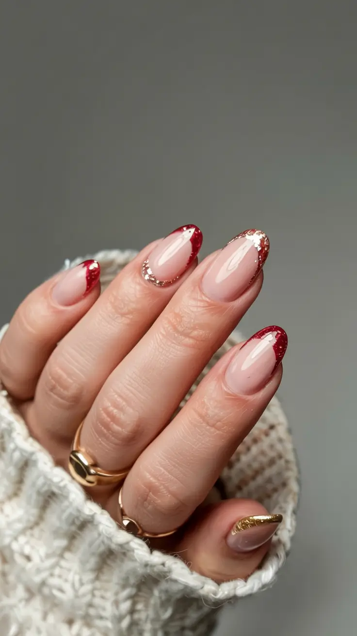 Stylish Christmas French Nails 2025 Golden Glitter Fade