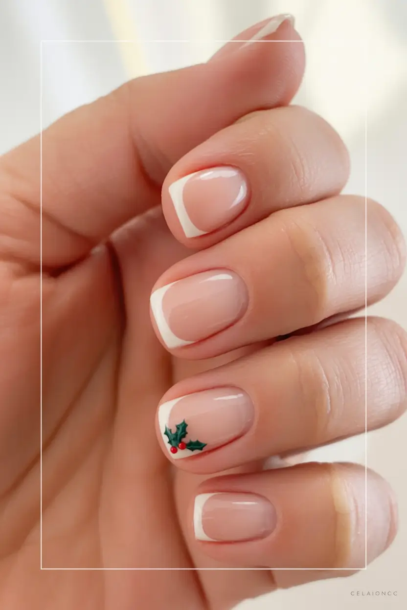 Stylish Christmas French Nails 2025 Minimal French with a Holly Accent