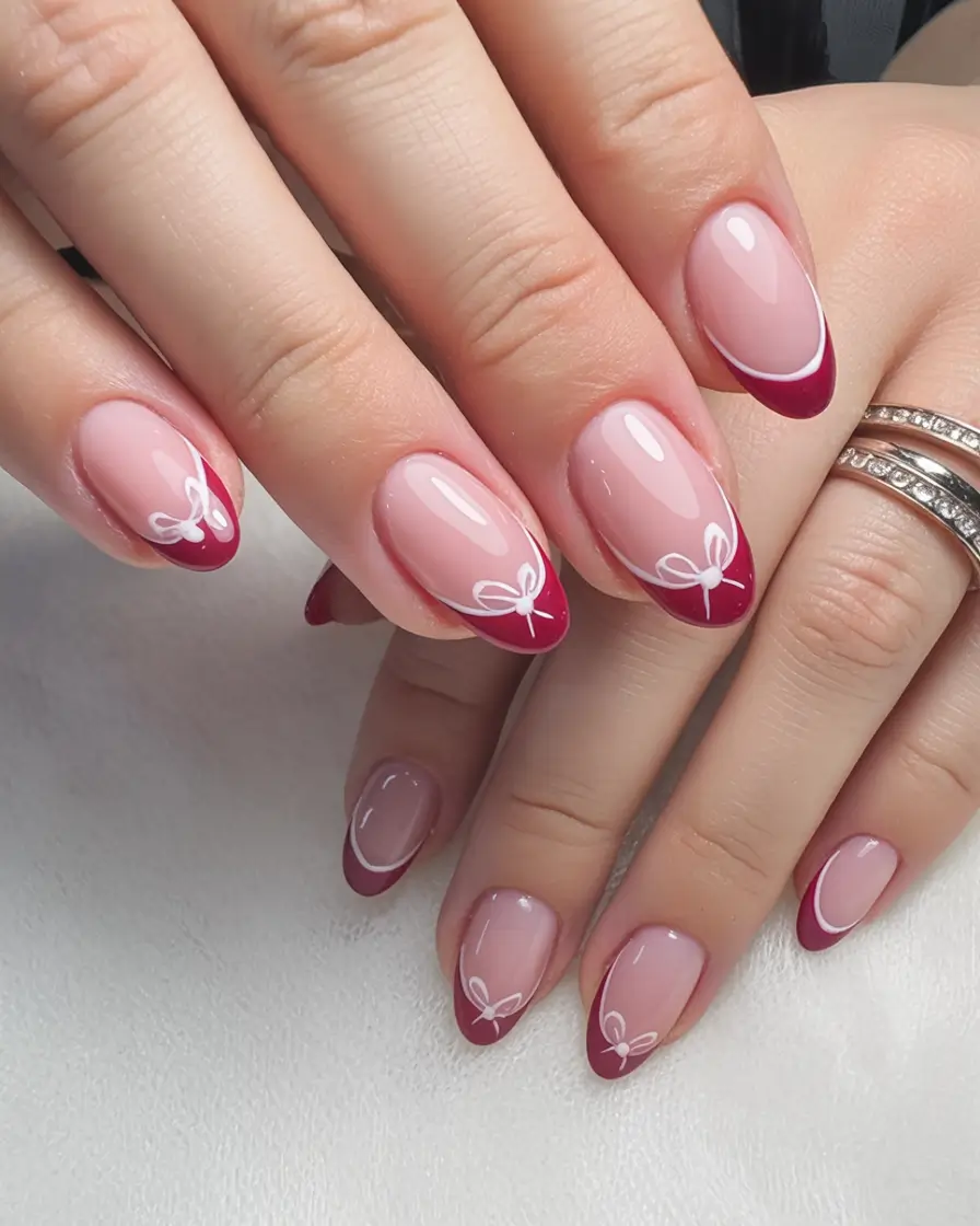 Stylish Christmas French Nails 2025 Holiday Bows & Burgundy Bliss