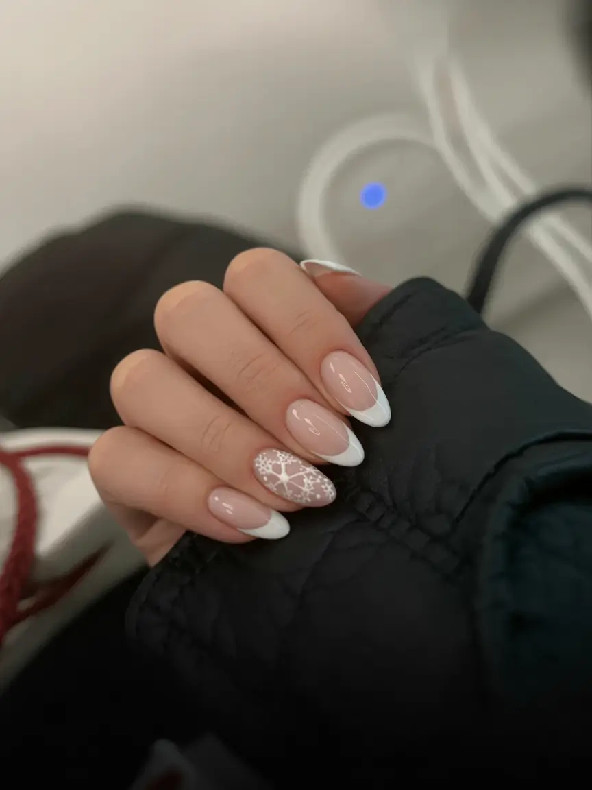 Stylish Christmas French Nails 2025 Snowflake Perfection