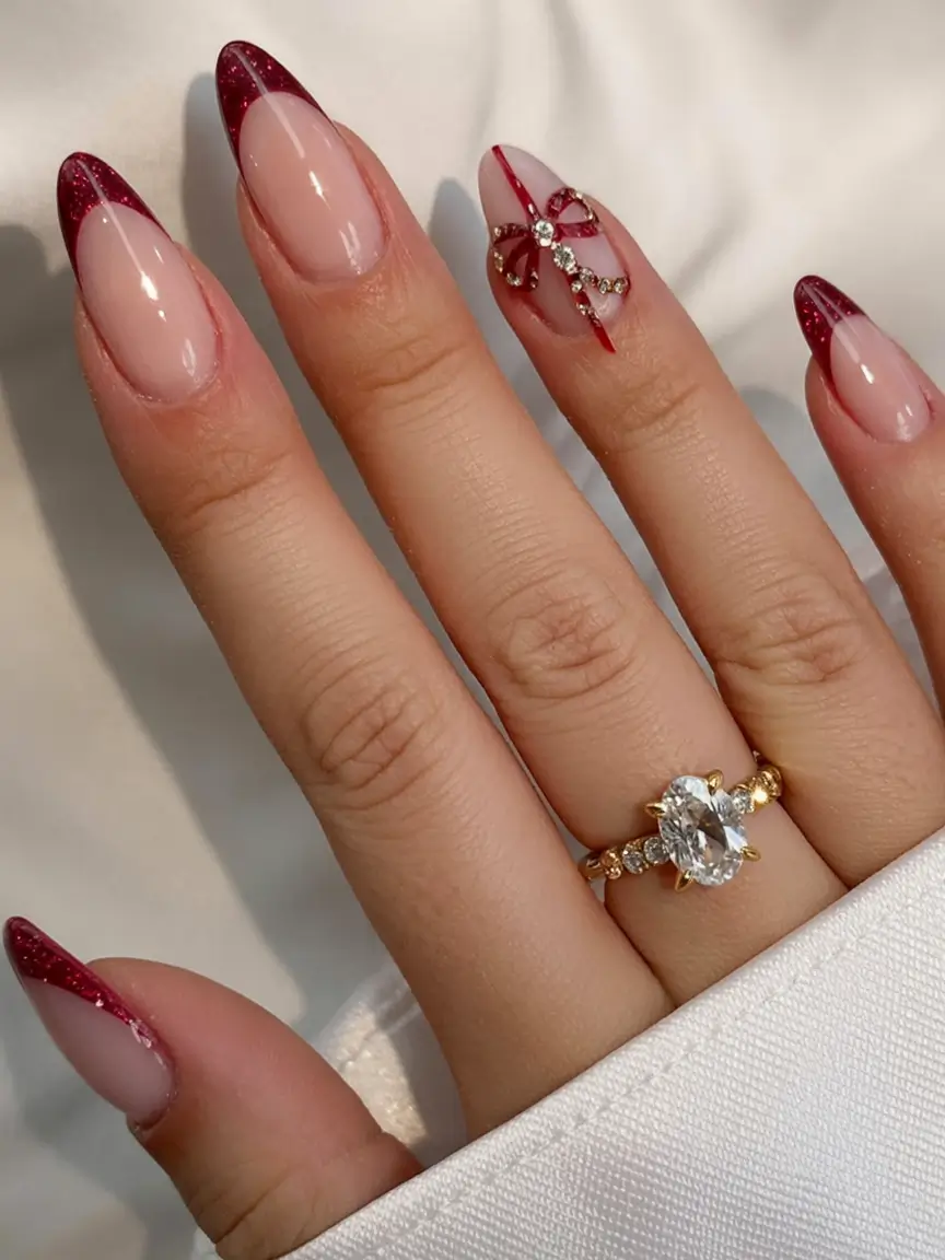 Stylish Christmas French Nails 2025 Garnet Gift Wrap