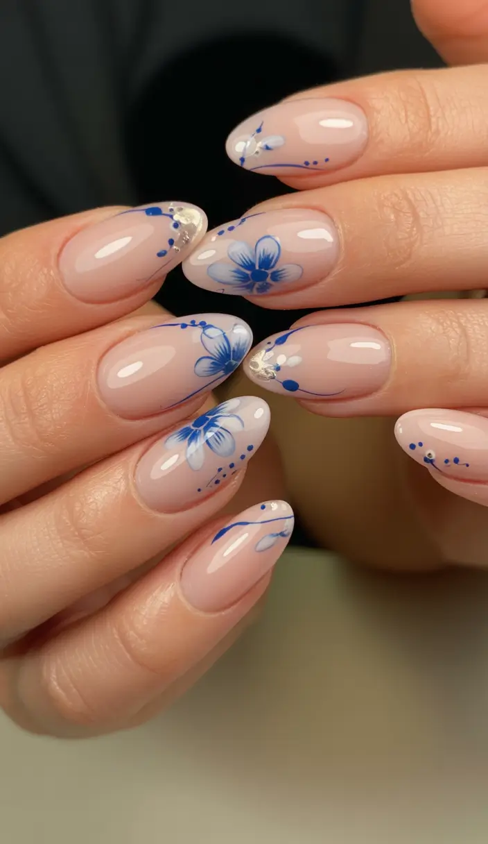 stylish nail ideas for winter 2025 2026 Blue Porcelain Petals