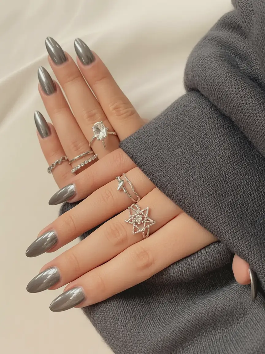 stylish nail ideas for winter 2025 2026 Molten Silver Aura