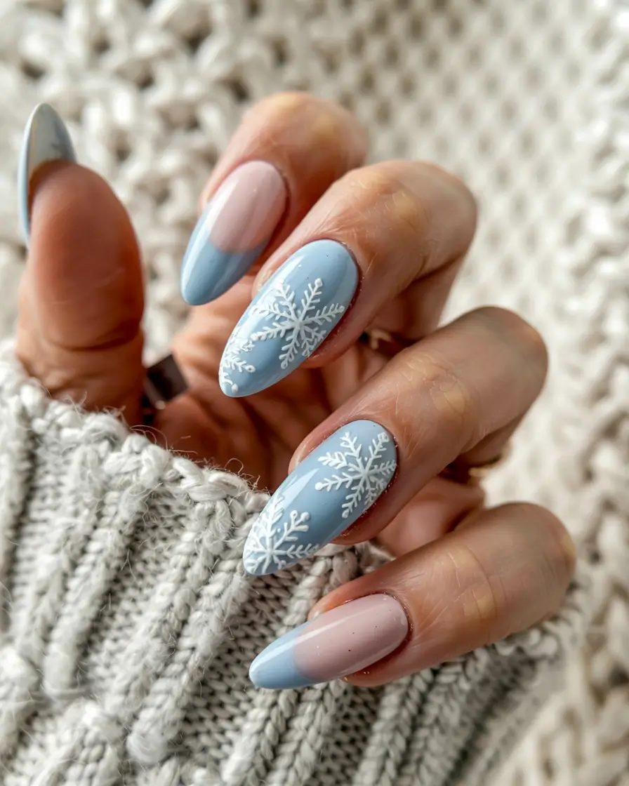 trendy almond nail shapes winter 2025 2026 Frosted Snowflake Serenity