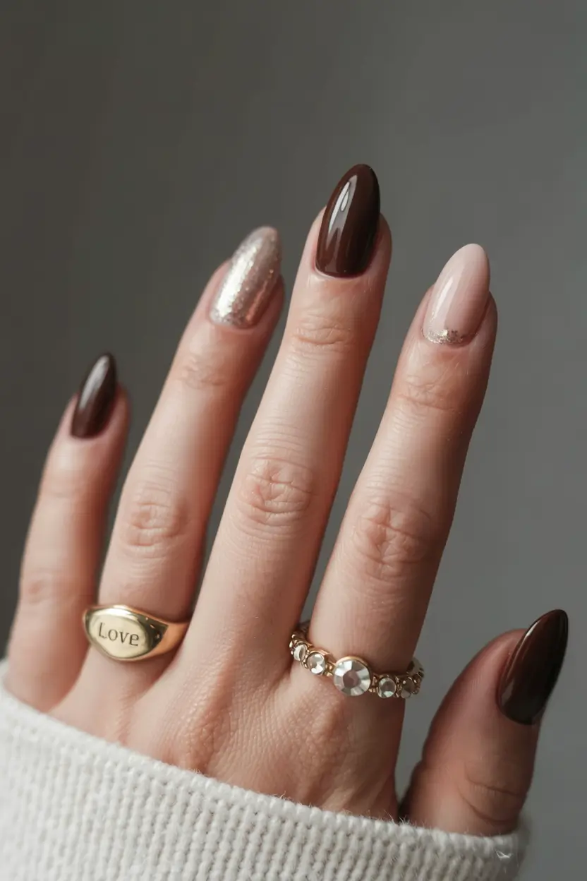 trendy almond nail shapes winter 2025 2026 Cocoa Spark Elegance