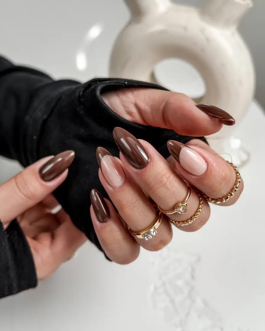 trendy almond nail shapes winter 2025 2026 Caramel Fade Harmony