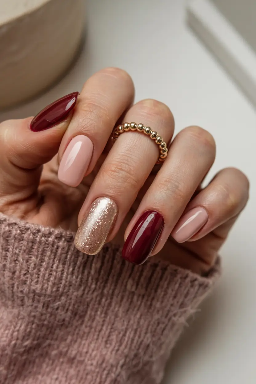 trendy almond nail shapes winter 2025 2026 Rosé Glow & Garnet