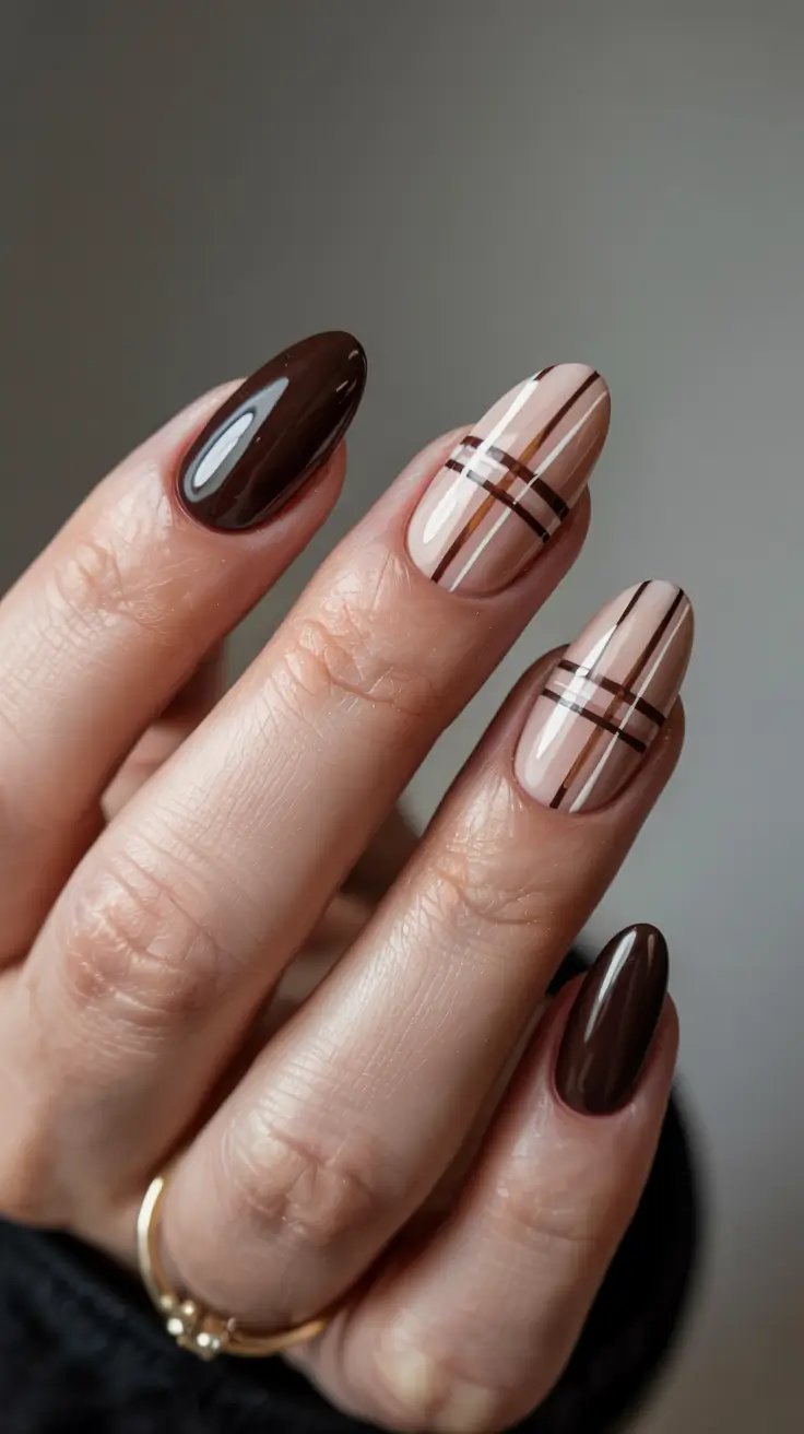 trendy almond nail shapes winter 2025 2026 Chocolate Plaid Chic