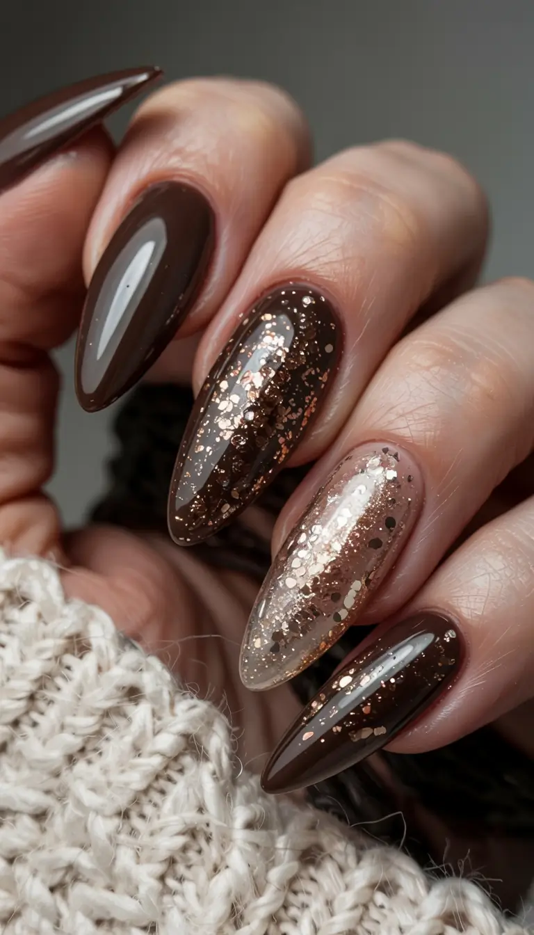 trendy almond nail shapes winter 2025 2026 Bronzed Cocoa Spark