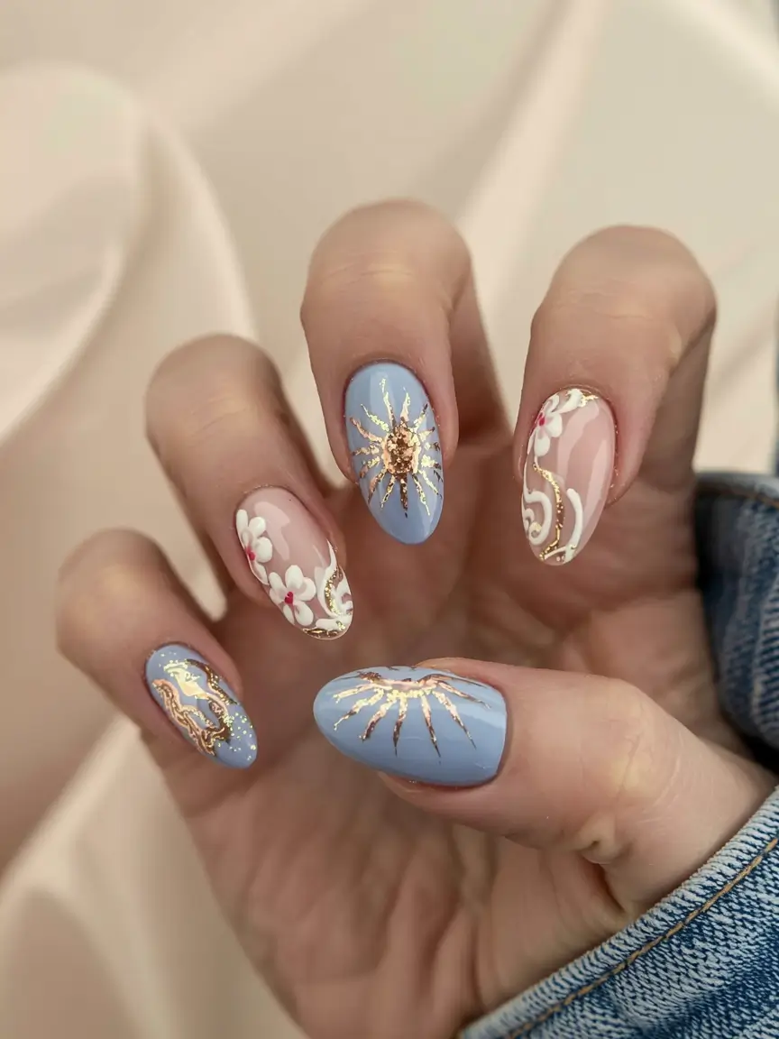 trendy almond nail shapes winter 2025 2026 Celestial Blue Aura