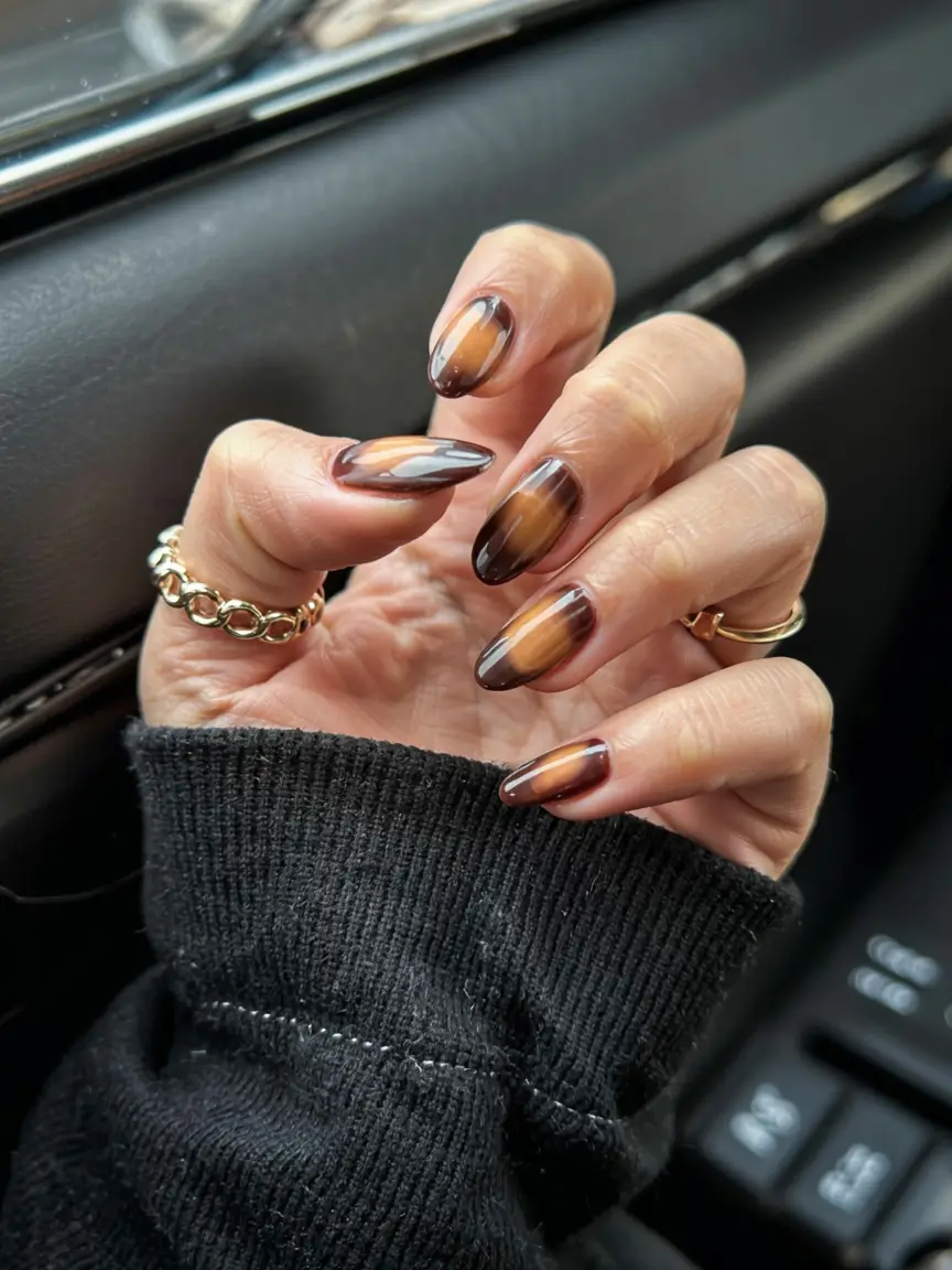 trendy almond nail shapes winter 2025 2026 Tiger Eye Fusion