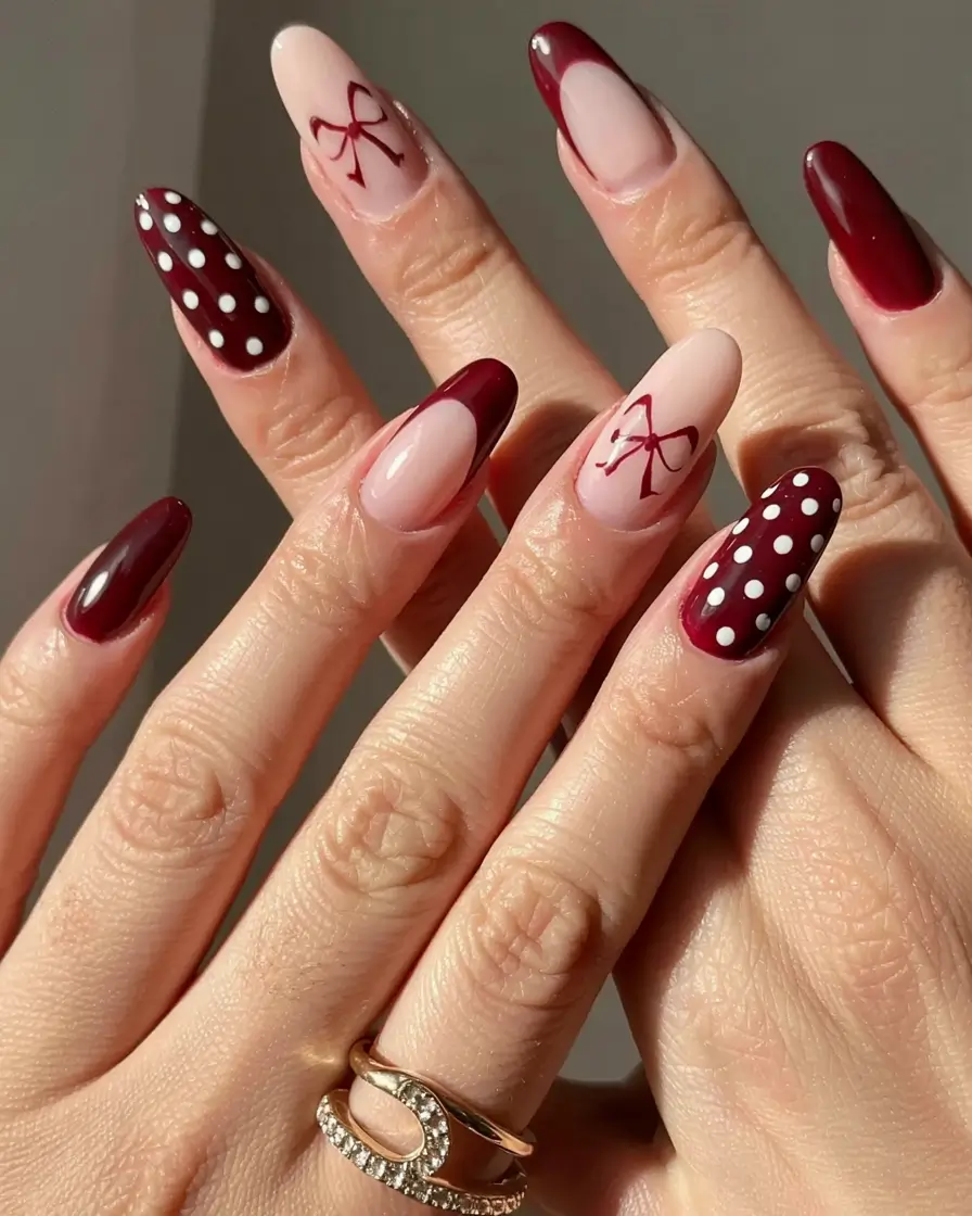 trendy almond nail shapes winter 2025 2026 Cherry Ribbon Elegance
